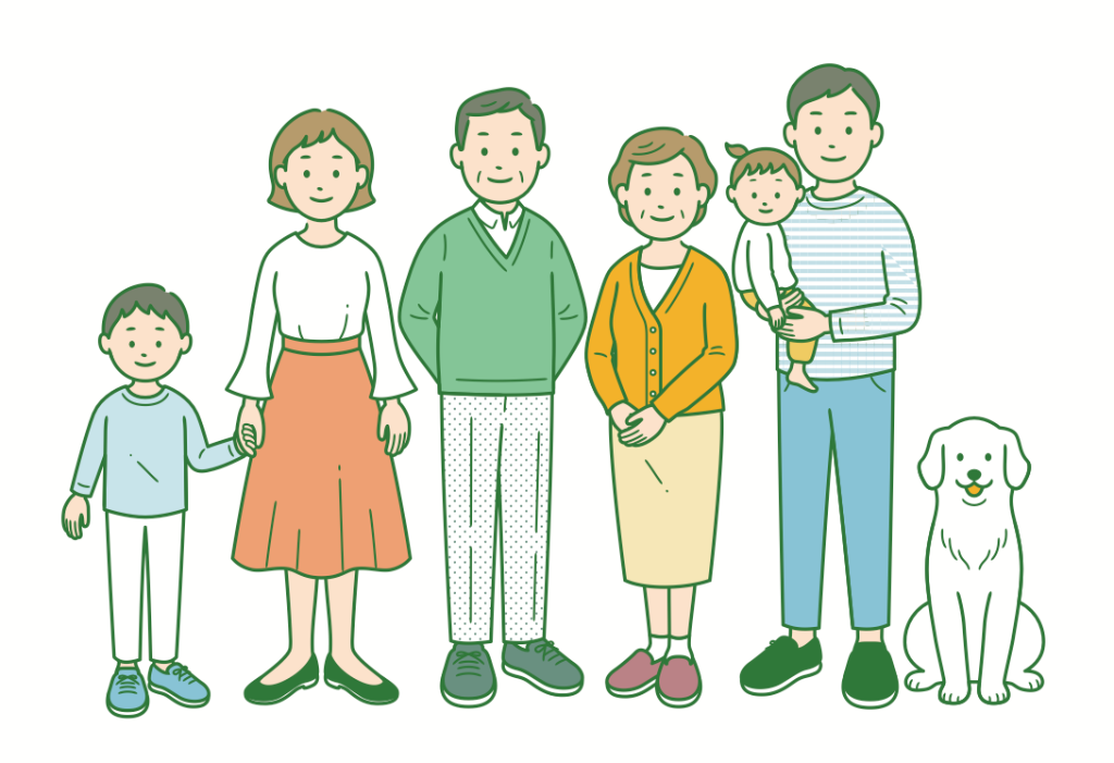 祖父母・父母・子供・白い犬の3世代家族が並んで立つイラスト