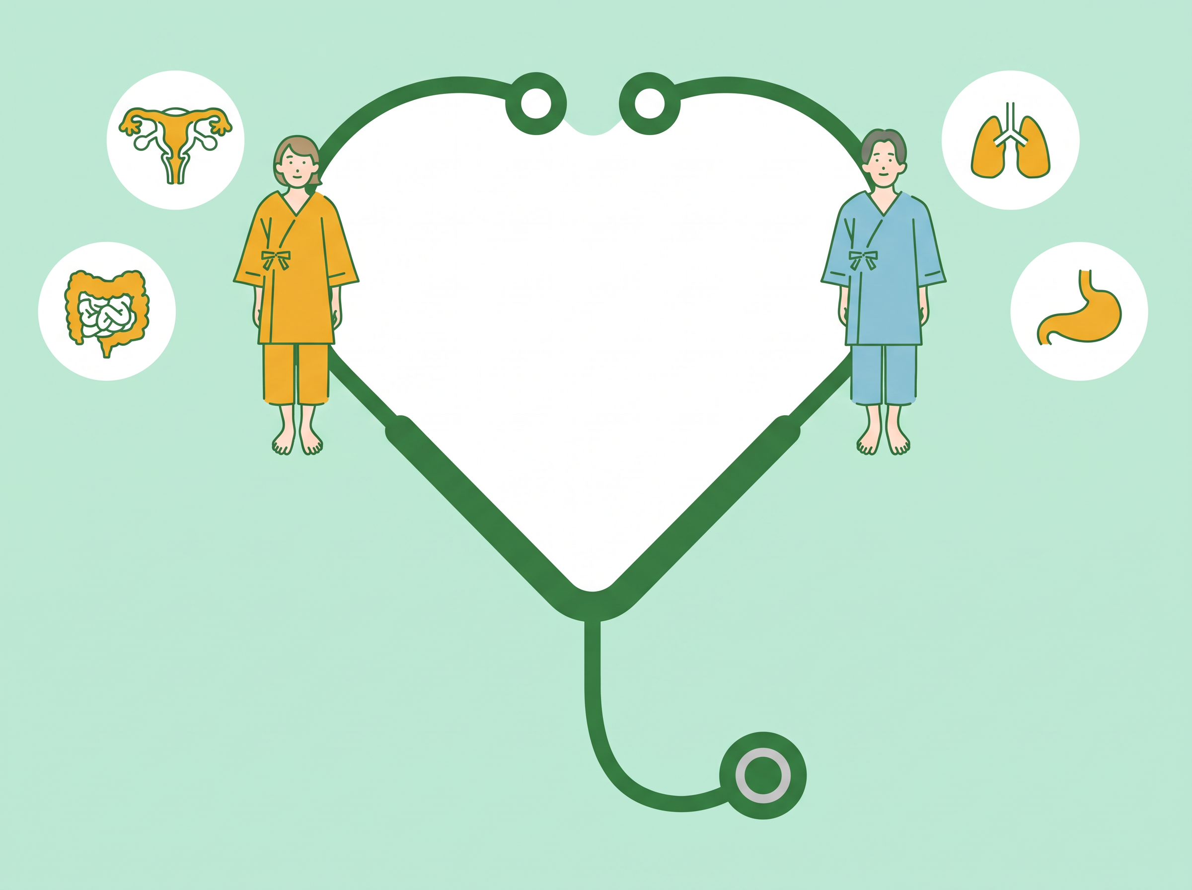 未来の健康チェックDAYのメインイラスト。ハート型に見立てた聴診器の中に立つ2人のキャラクターと、周囲を囲む臓器のアイコン